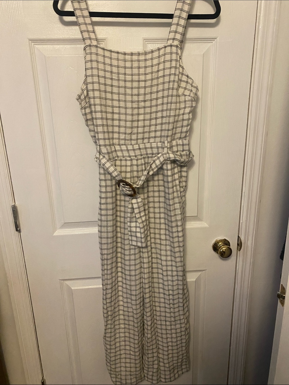 American Eagle Outfitters Cream Plaid Sleeveless Jumpsuit with Belt Detail
